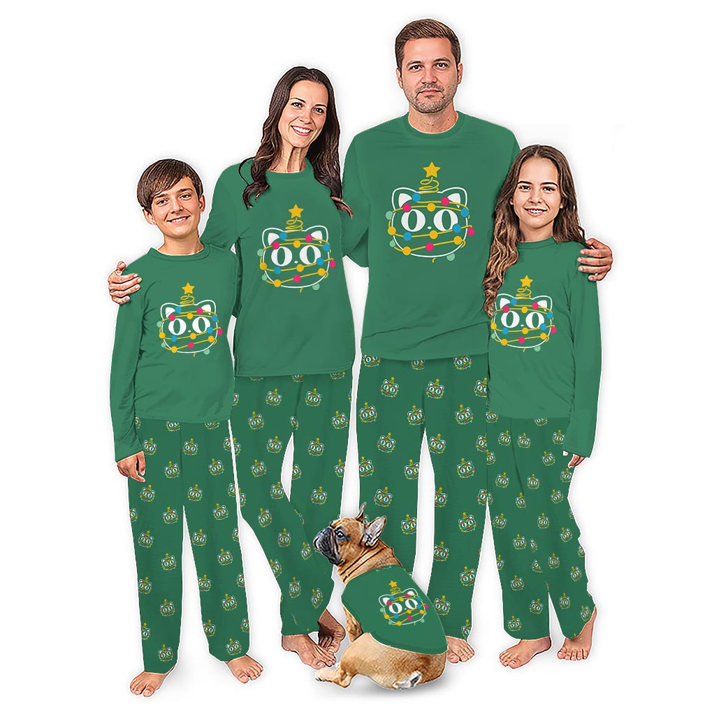 Cute Cat with Christmas Lights Matching Family Pajamas