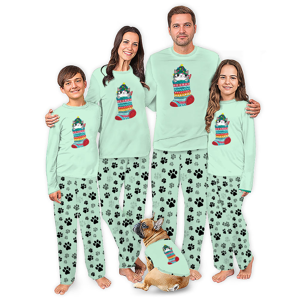 Cute Cat In Christmas Stocking Pajamas With Pockets Cute Cat In Christmas Stocking Pajamas With Pockets