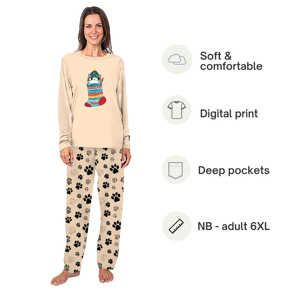 Cute Cat In Christmas Stocking Pajamas With Pockets Cute Cat In Christmas Stocking Pajamas With Pockets