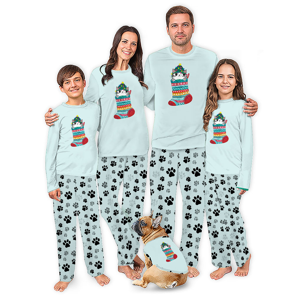 Cute Cat In Christmas Stocking Pajamas With Pockets Cute Cat In Christmas Stocking Pajamas With Pockets