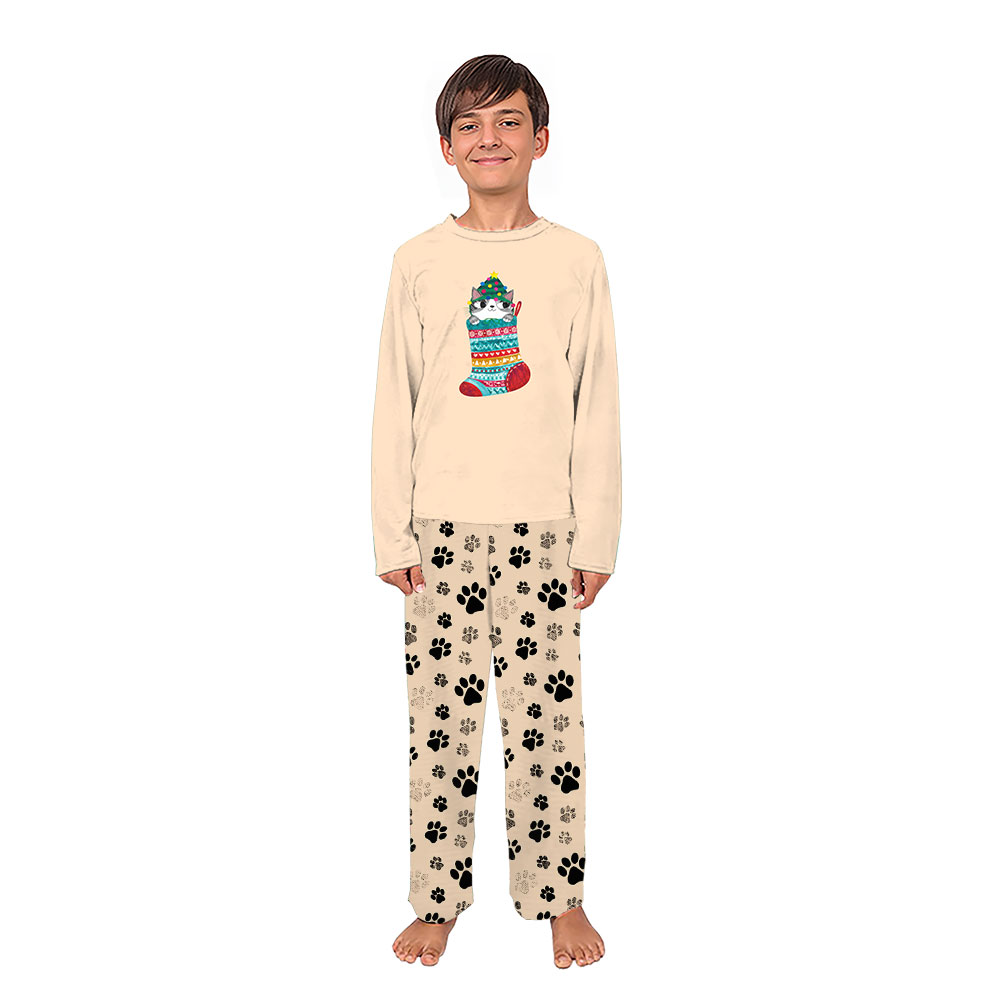 Cute Cat In Christmas Stocking Pajamas With Pockets Cute Cat In Christmas Stocking Pajamas With Pockets