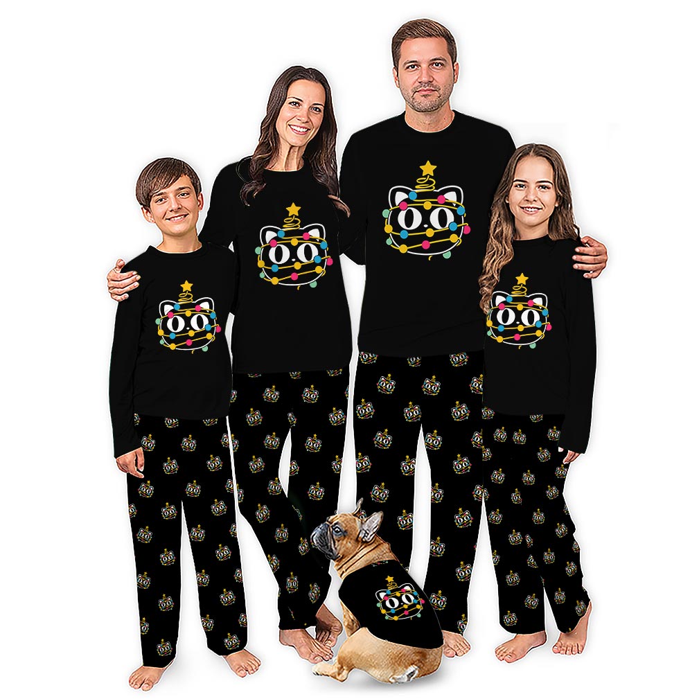 Cute Cat with Christmas Lights Matching Family Pajamas