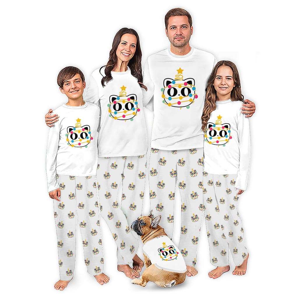 Cute Cat with Christmas Lights Matching Family Pajamas