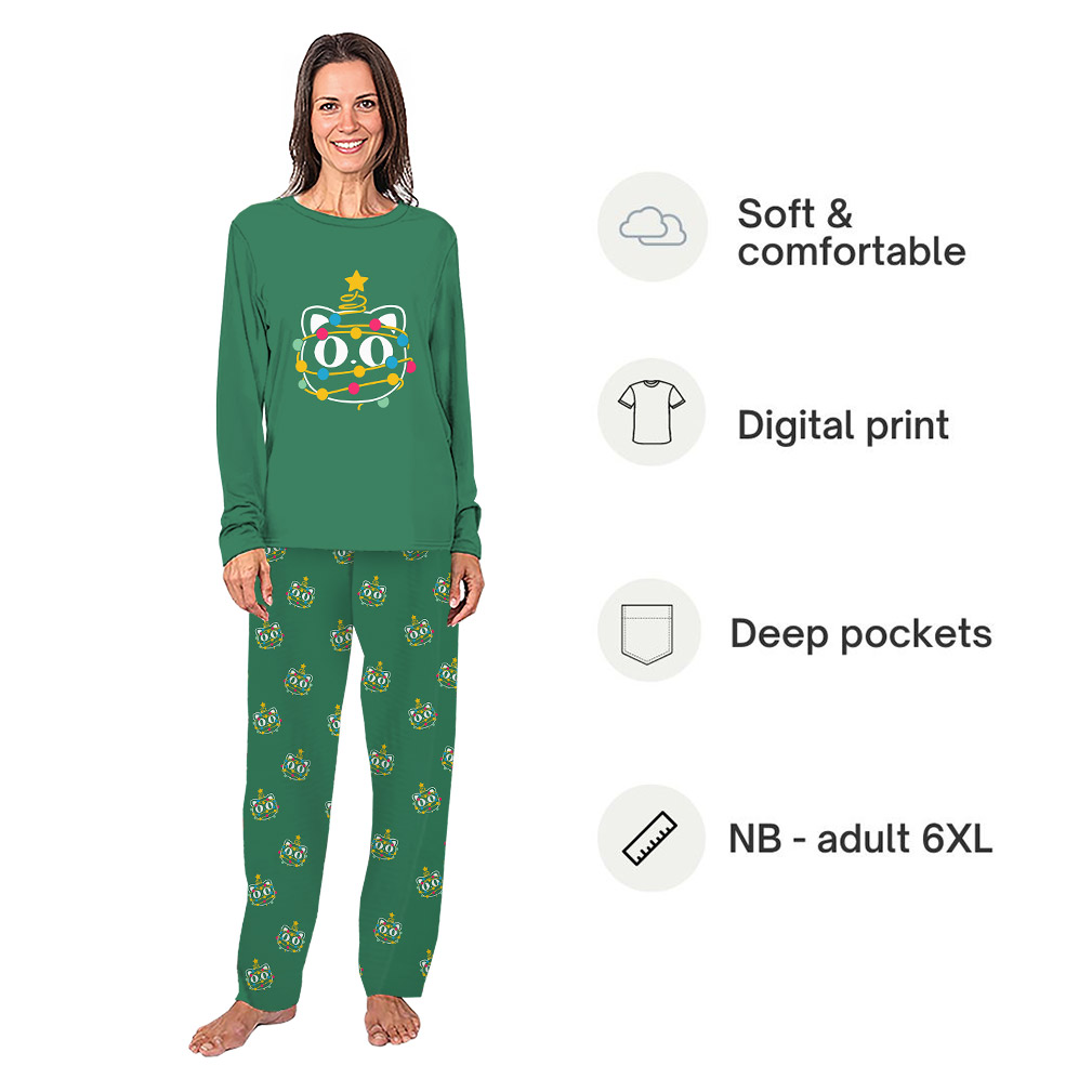 Cute Cat with Christmas Lights Matching Family Pajamas