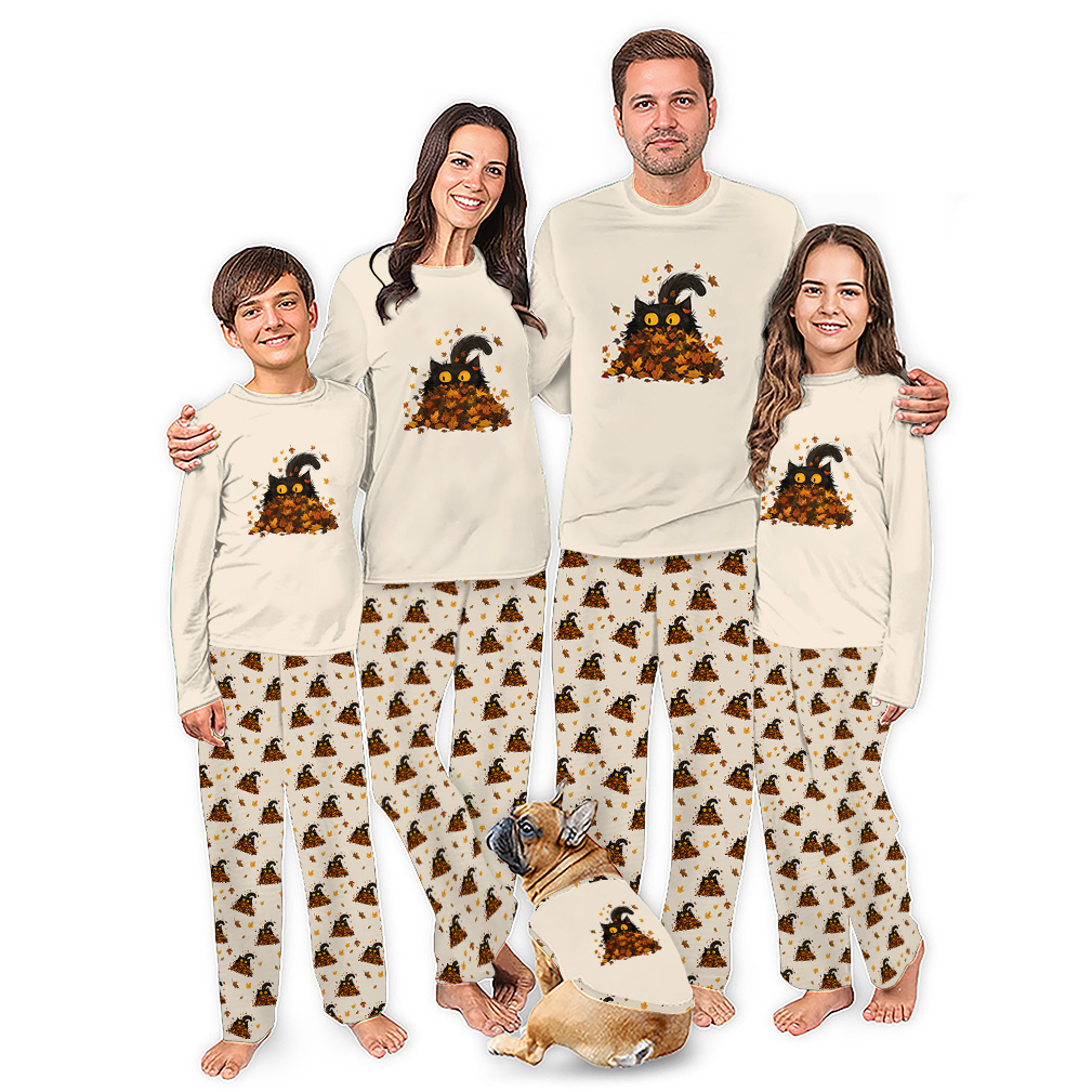 Black Cat Fall Leaves Matching Family Pajamas Set
