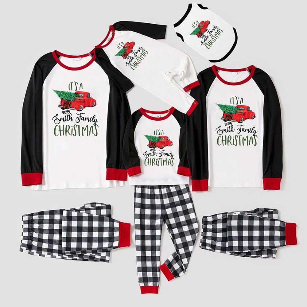 Red Truck and Xmas Tree with Name and Year Custom Matching Pajamas