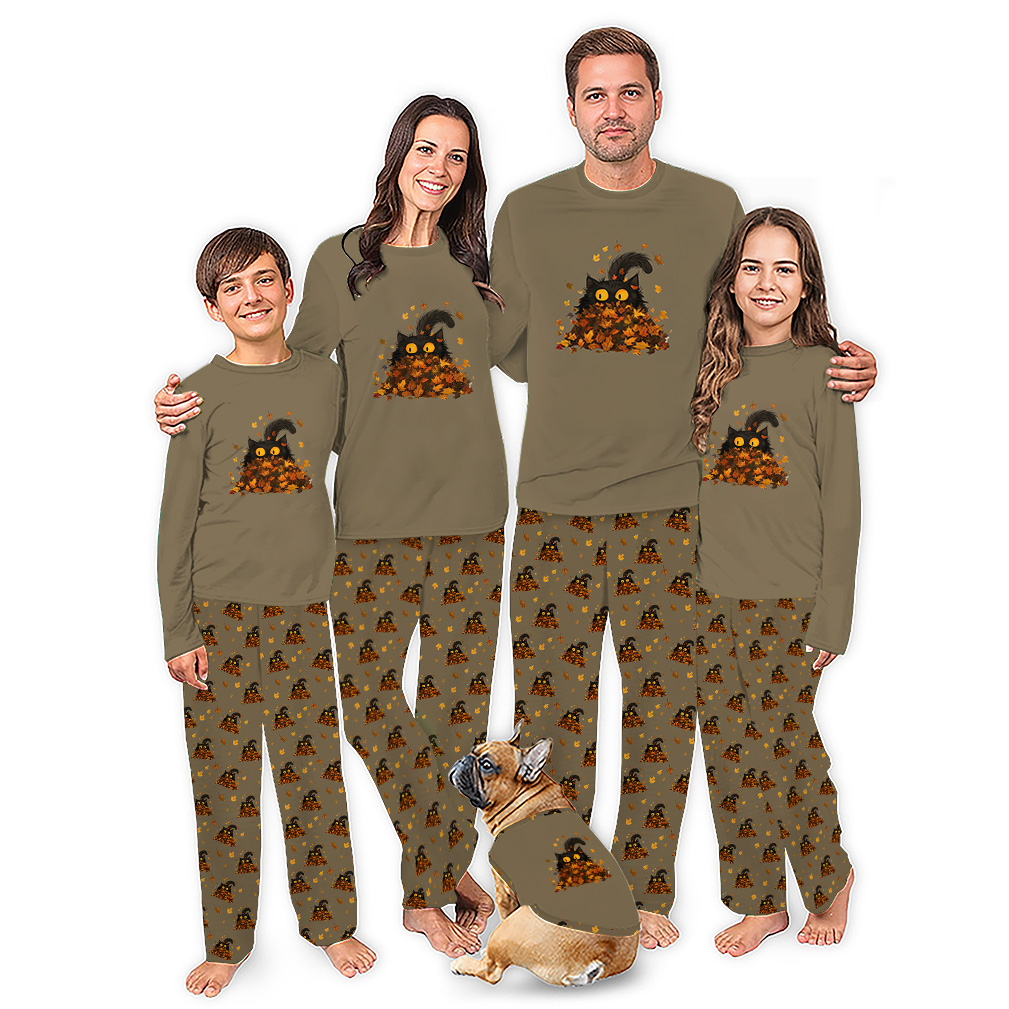 Black Cat Fall Leaves Matching Family Pajamas Set