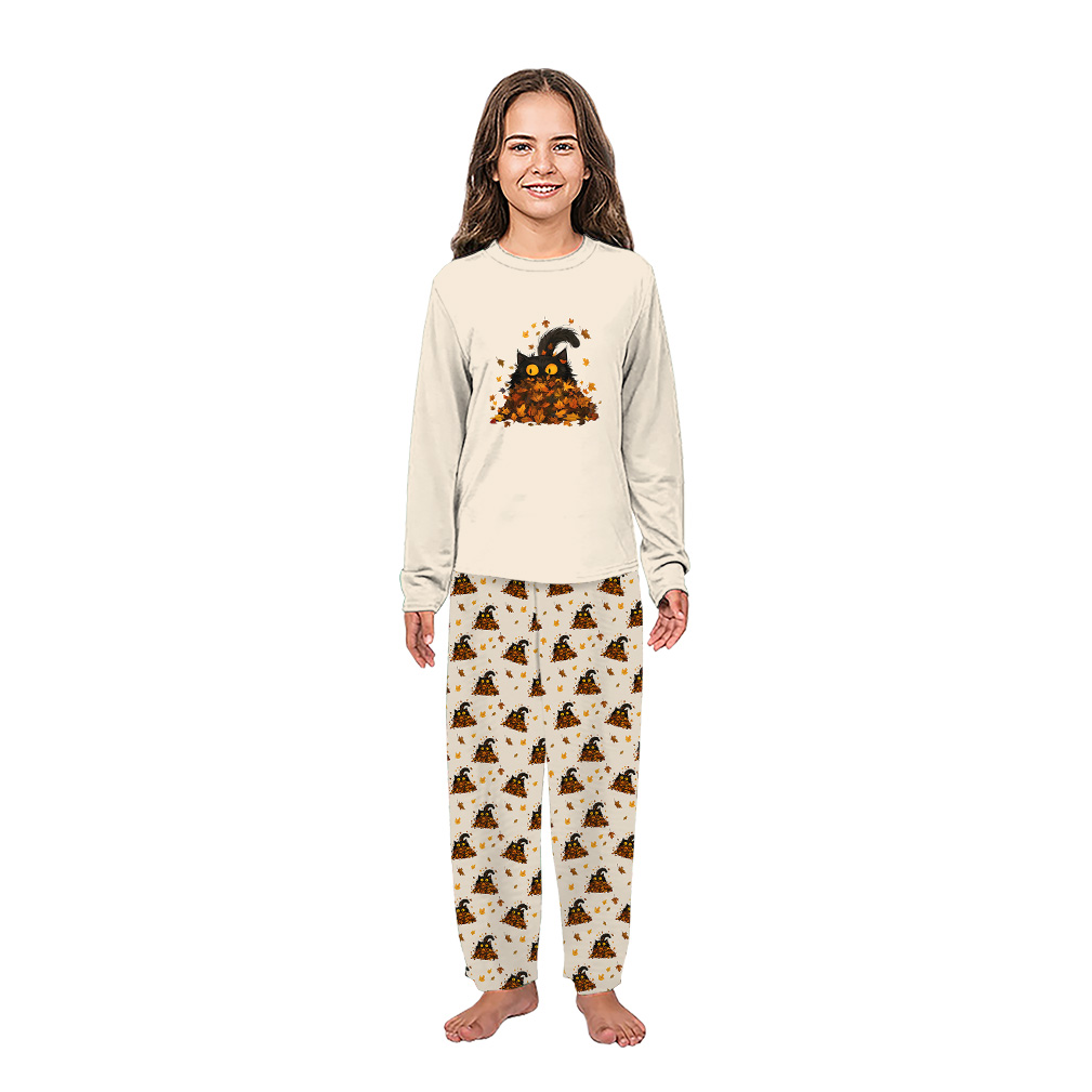 Black Cat Fall Leaves Matching Family Pajamas Set