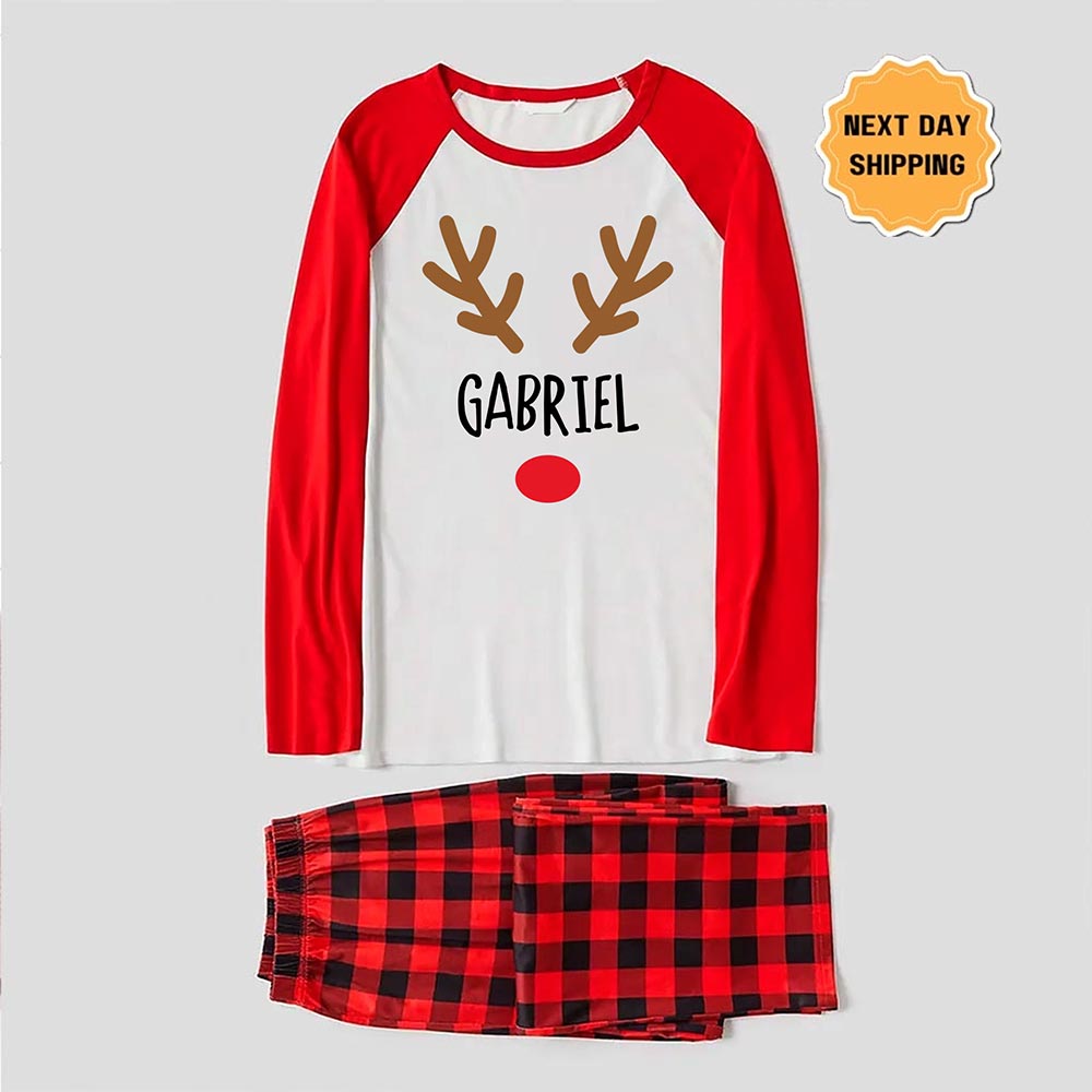 Custom Name with Festive Reindeer Family Christmas Pajamas