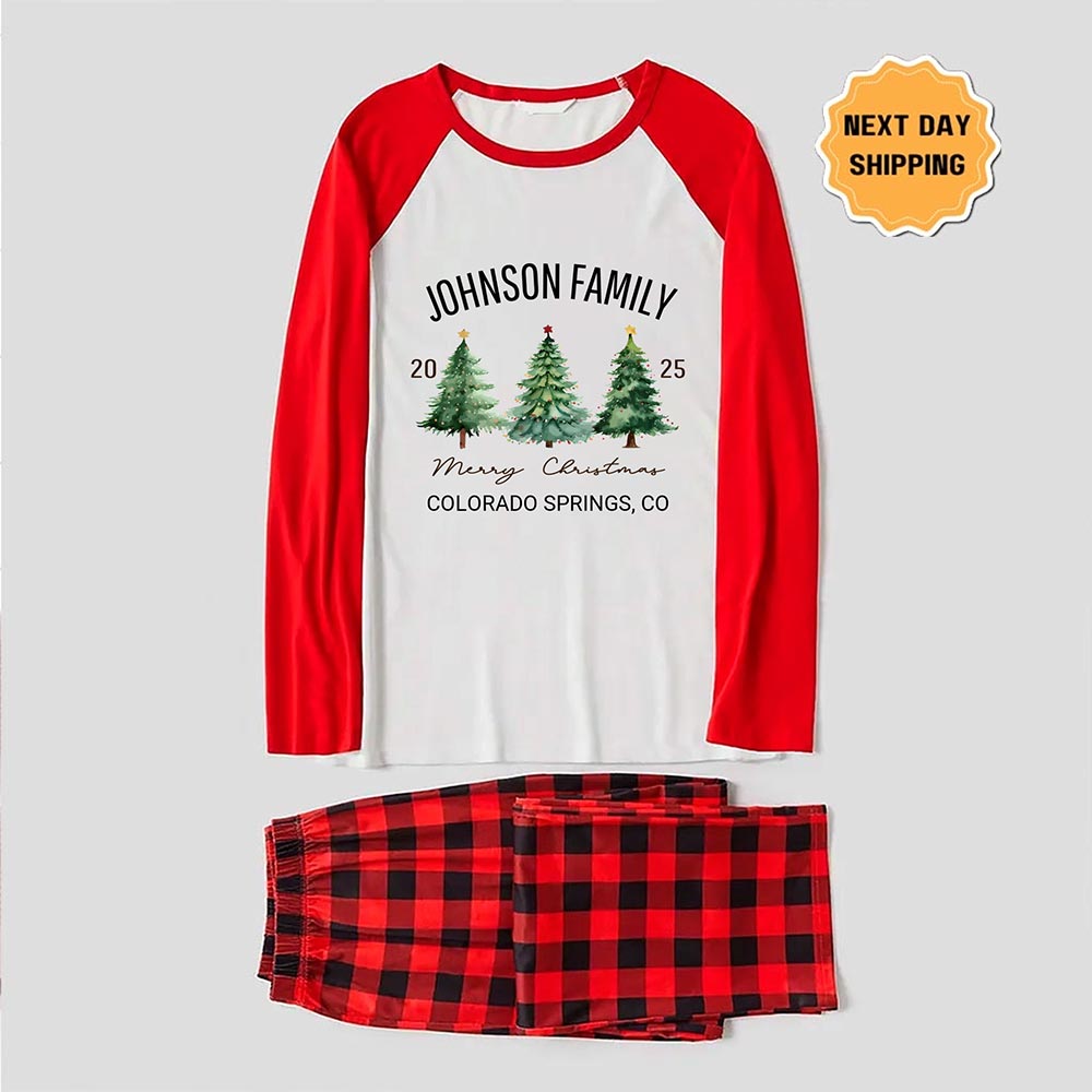 Christmas Pine Trees with Name and Place Custom Family Pajamas Christmas Pine Trees with Name and Place Custom Family Pajamas