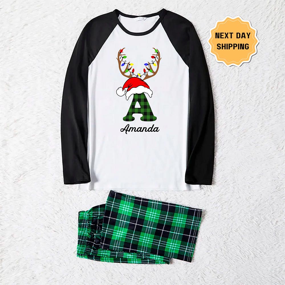 Custom Initial and Name Matching Christmas Holiday Pajamas With Dog Custom Initial and Name Matching Christmas Holiday Pajamas With Dog