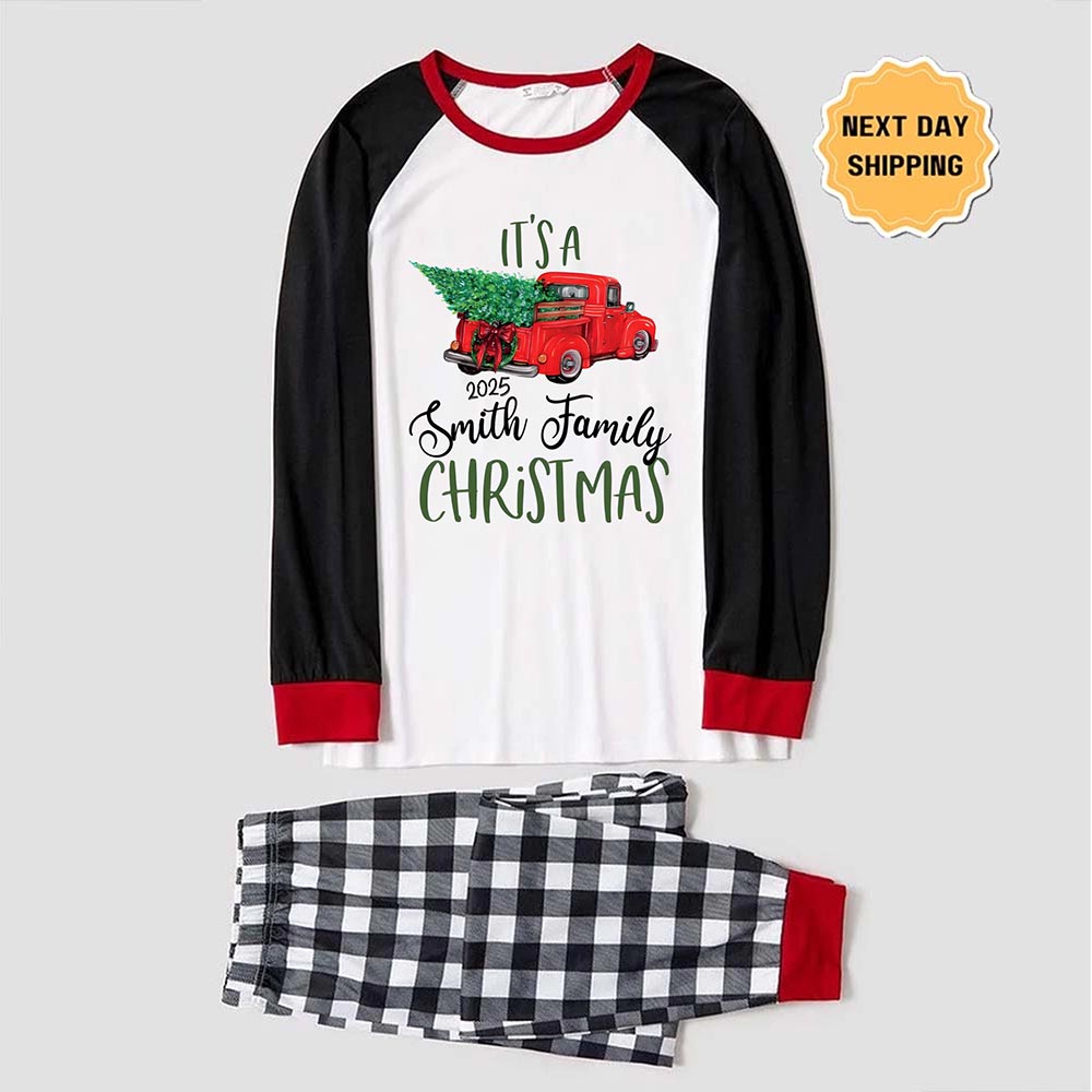Red Truck and Xmas Tree with Name and Year Custom Matching Pajamas