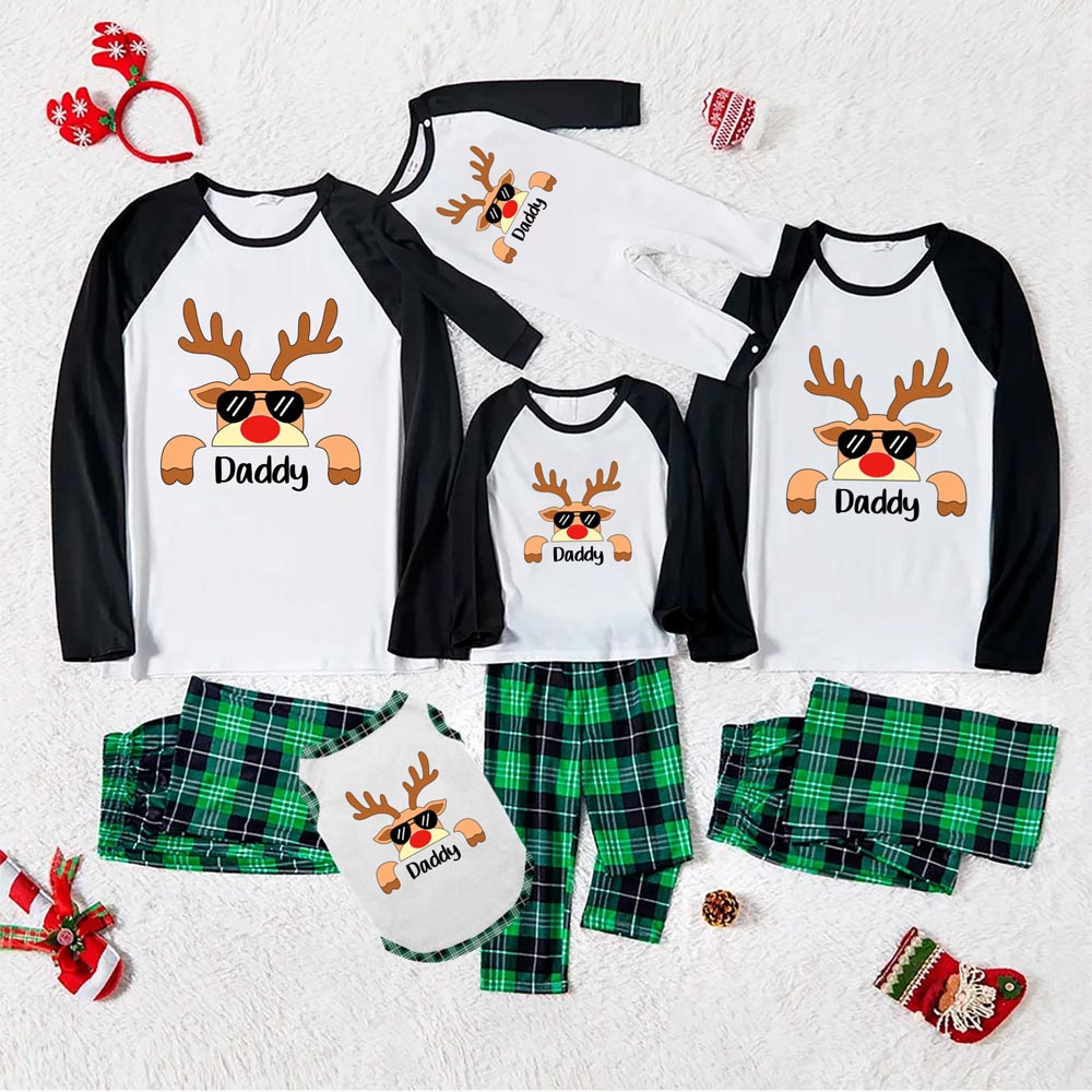 Cute Reindeer White And Green Plaid Christmas Pajamas With Names