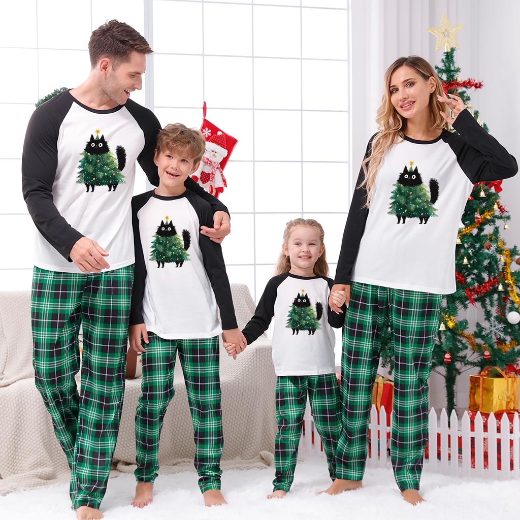 Cute Black Cat Christmas Tree Family Xmas Pajamas Sets