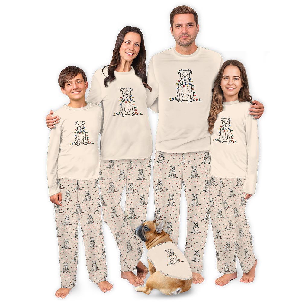 Cute Christmas Light Pitbull Matching Family Pajamas with Dog Cute Christmas Light Pitbull Matching Family Pajamas with Dog