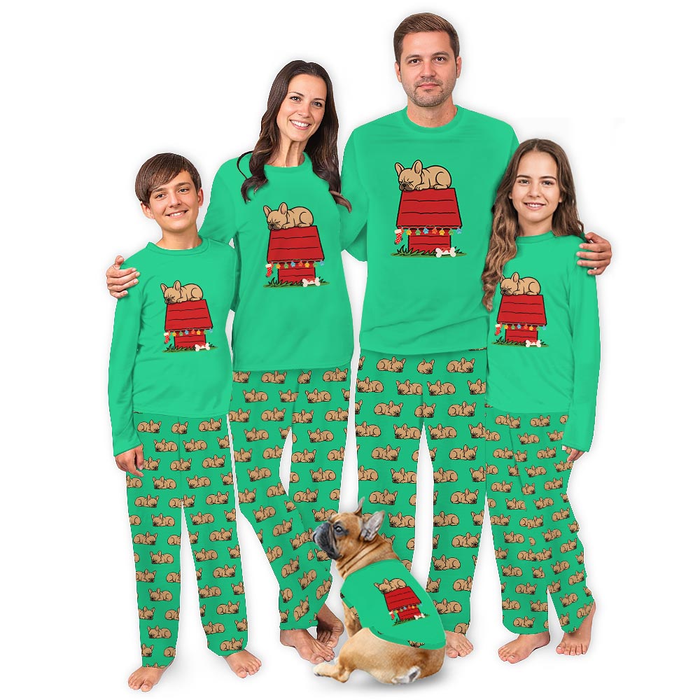 Green French Bulldog on Rooftop Christmas PJs Family And Dog