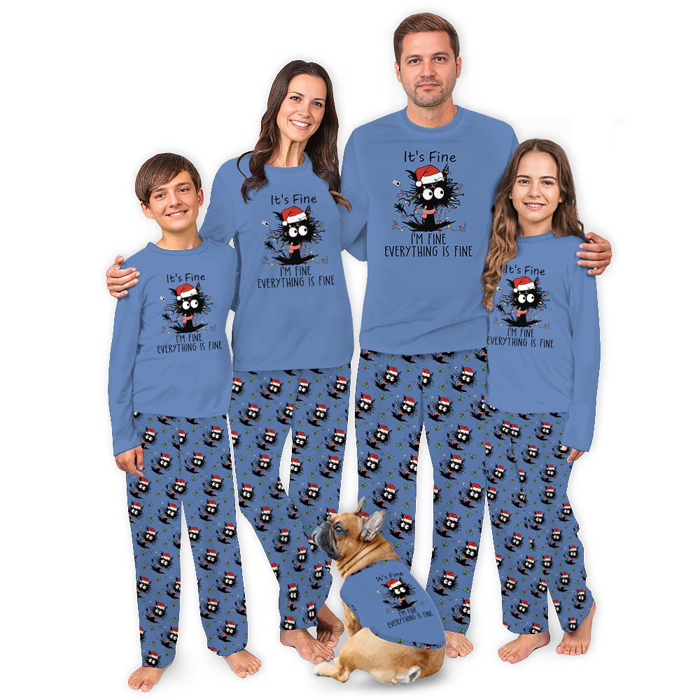 Black Cat and Everything is Fine Saying Family and Pet Christmas Pajamas
