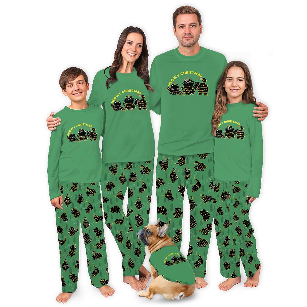 Black Cats with Christmas Lights Matching Family Pajamas With Dog