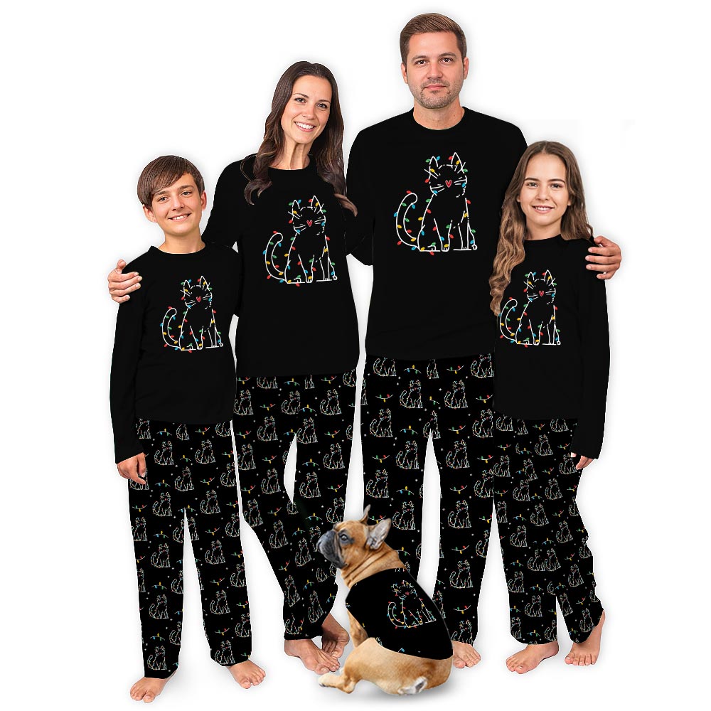 Black Xmas Lights Cat Plus Size Family Christmas Pajamas