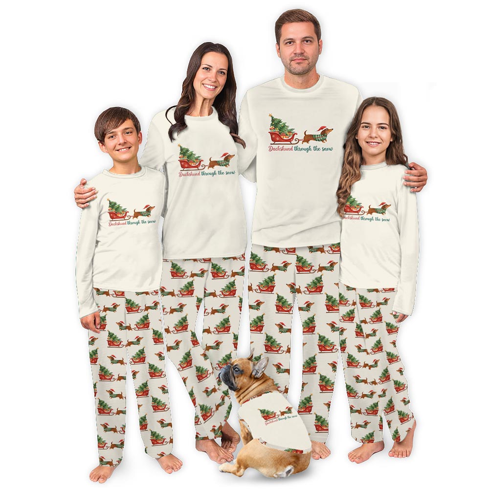 Dachshund with Gift Sled through The Snow Family Pajama Sets for Christmas