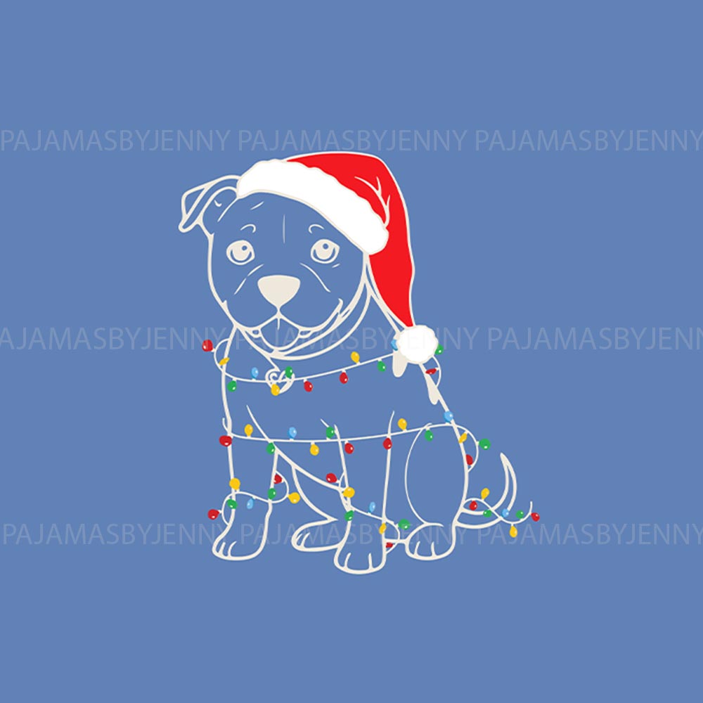 Festive Pitbull wearing Santa Hat Matching PJs For Dogs And Humans