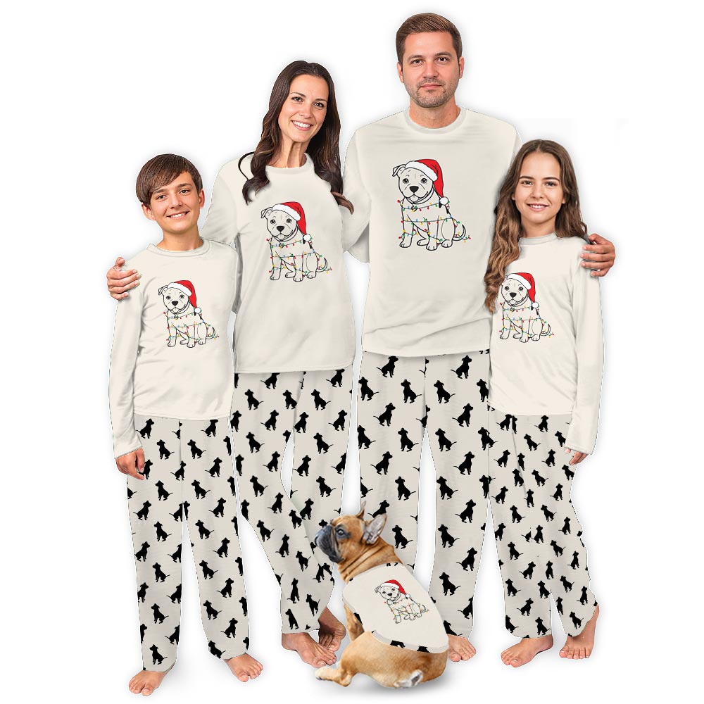 Festive Pitbull wearing Santa Hat Matching PJs For Dogs And Humans