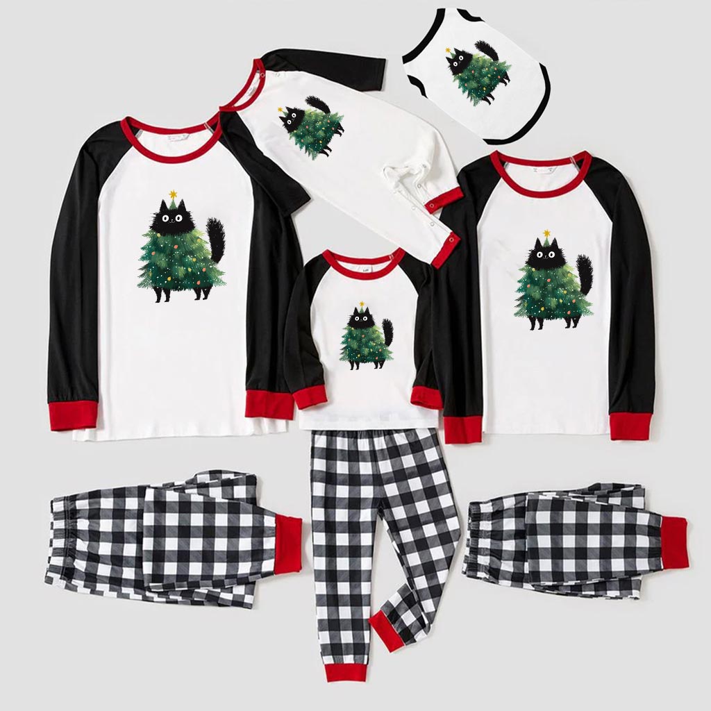 Cute Black Cat Christmas Tree Family Xmas Pajamas Sets