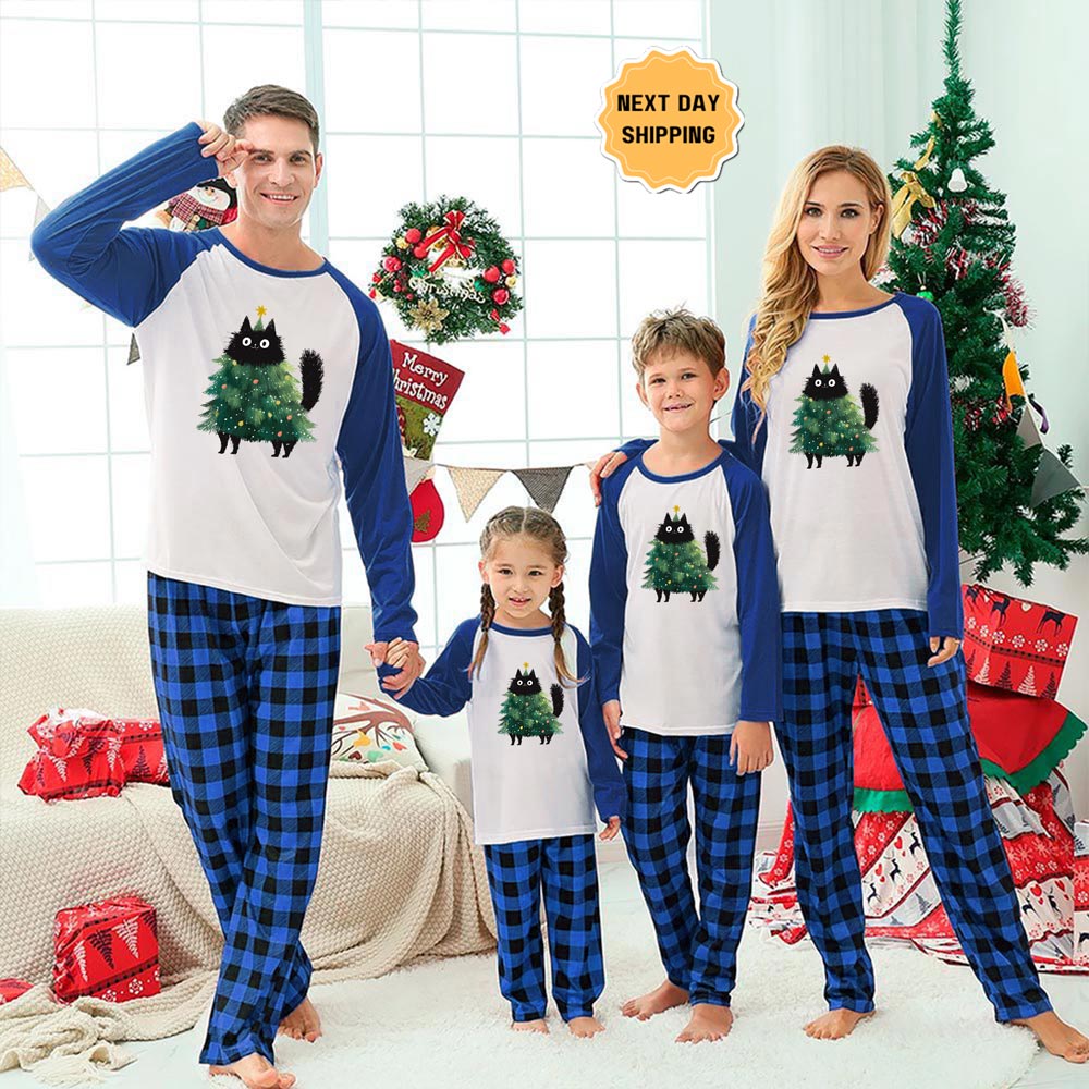 Cute Black Cat Christmas Tree Family Xmas Pajamas Sets