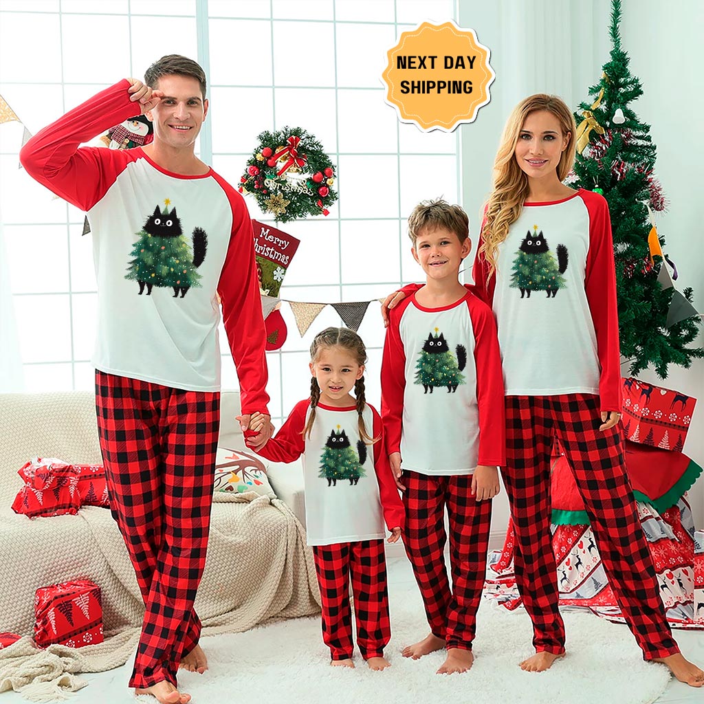 Cute Black Cat Christmas Tree Family Xmas Pajamas Sets