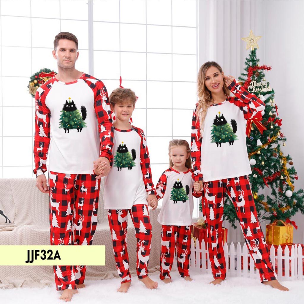 Cute Black Cat Christmas Tree Family Xmas Pajamas Sets