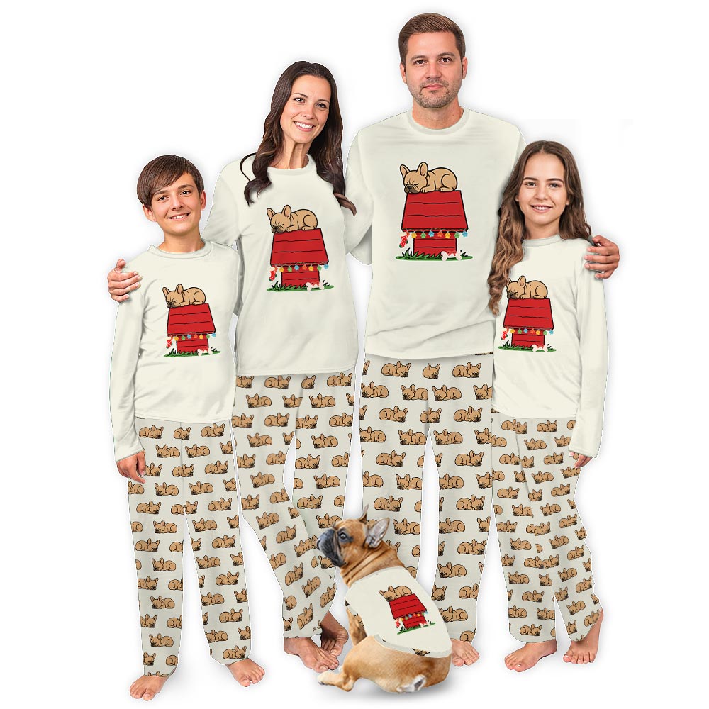 Green French Bulldog on Rooftop Christmas PJs Family And Dog