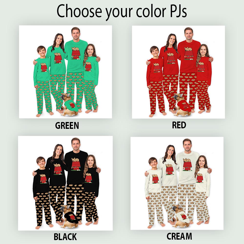 Green French Bulldog on Rooftop Christmas PJs Family And Dog