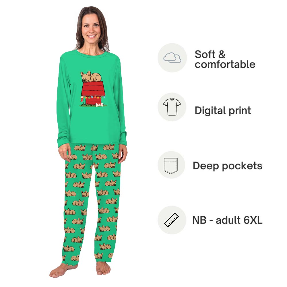 Green French Bulldog on Rooftop Christmas PJs Family And Dog