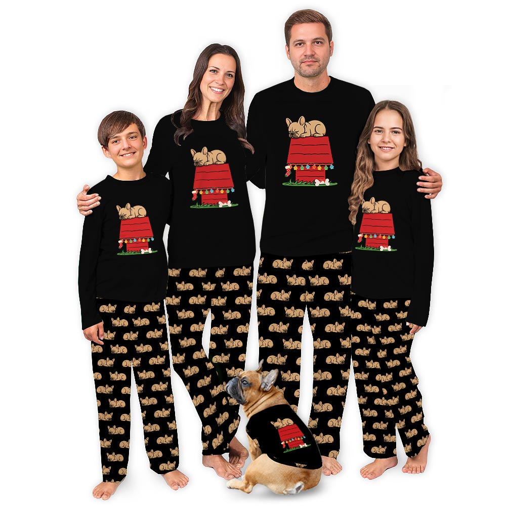 Green French Bulldog on Rooftop Christmas PJs Family And Dog