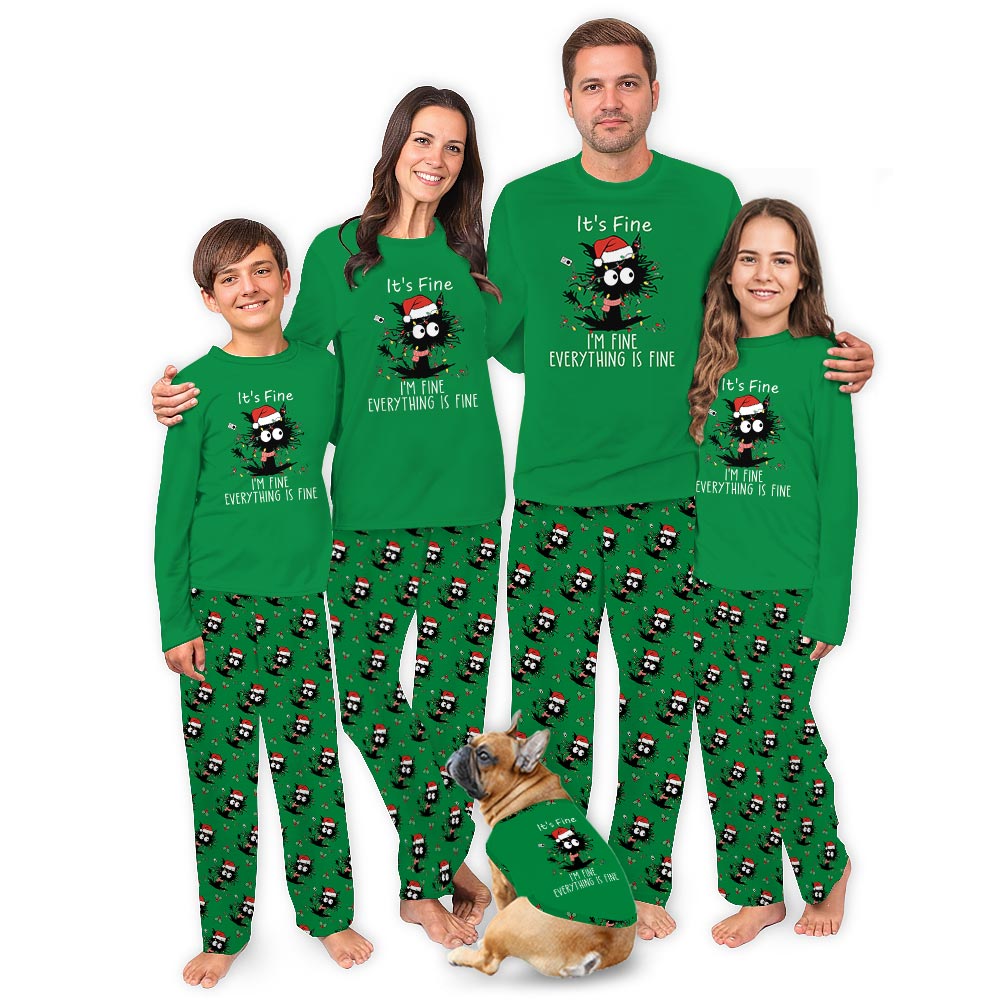 Black Cat and Everything is Fine Saying Family and Pet Christmas Pajamas
