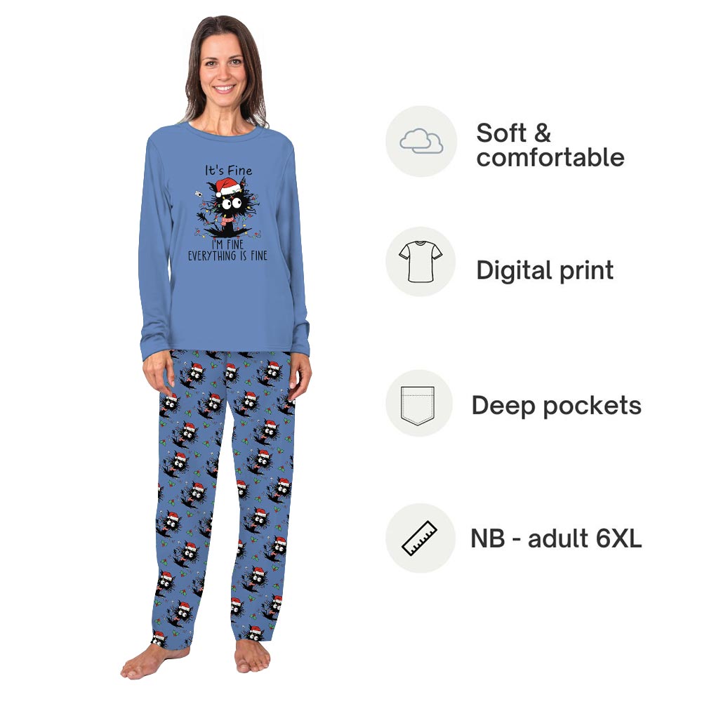 Black Cat and Everything is Fine Saying Family and Pet Christmas Pajamas