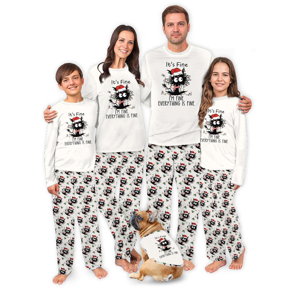 Black Cat and Everything is Fine Saying Family and Pet Christmas Pajamas