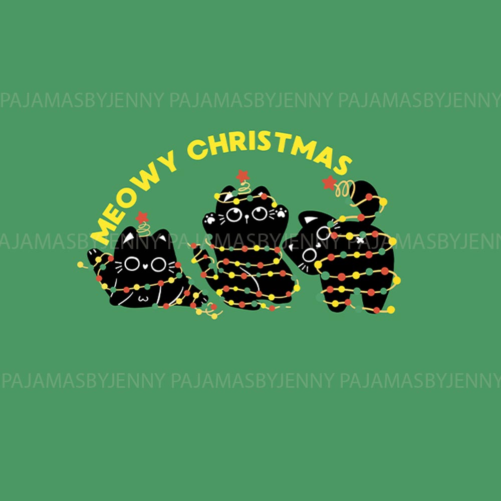 Black Cats with Christmas Lights Matching Family Pajamas With Dog