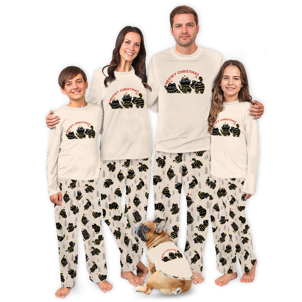 Black Cats with Christmas Lights Matching Family Pajamas With Dog