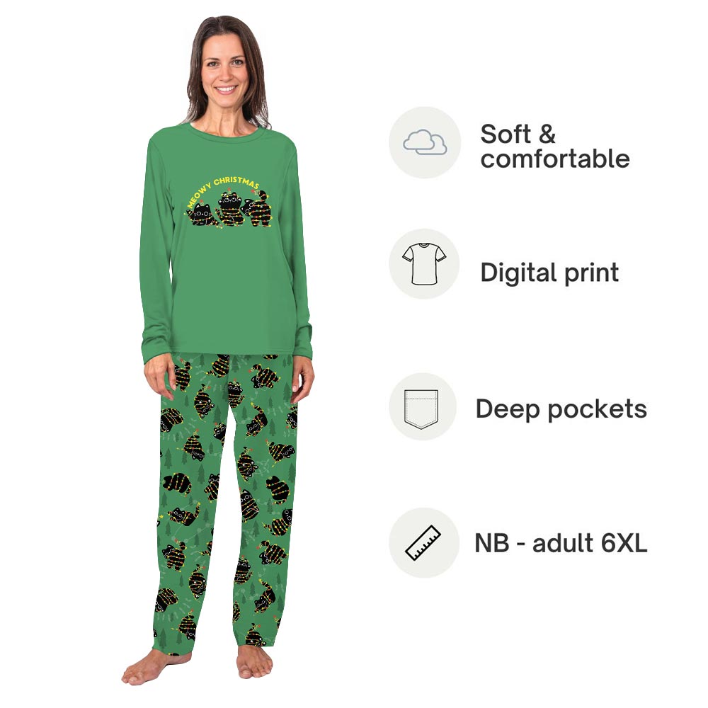 Black Cats with Christmas Lights Matching Family Pajamas With Dog