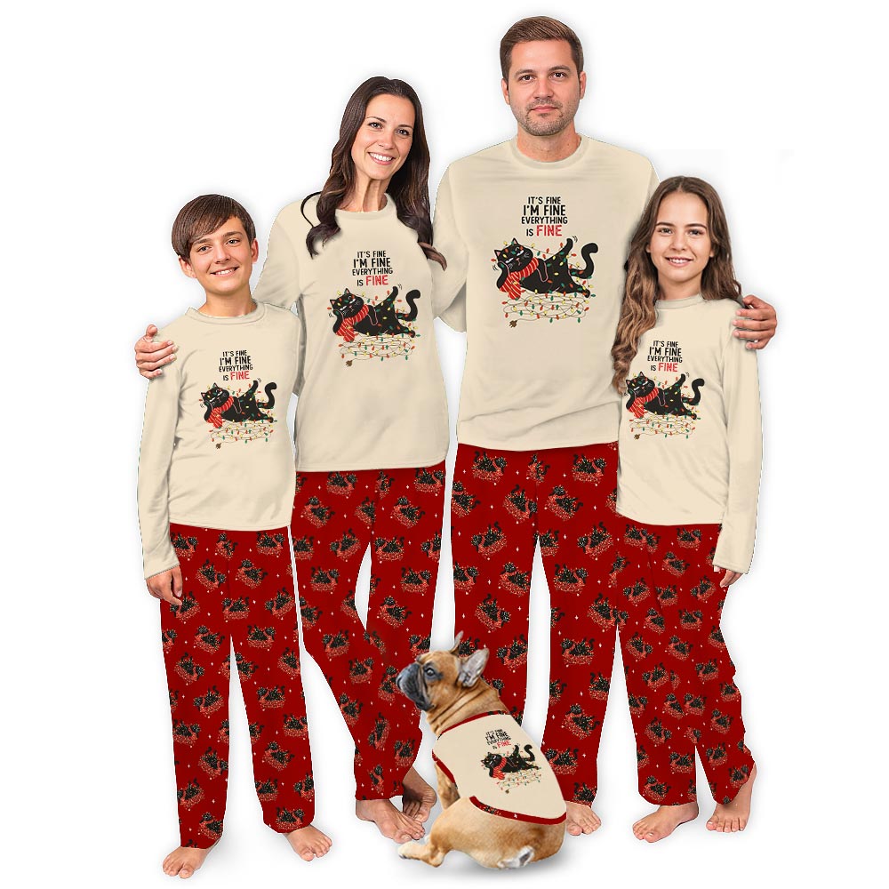 Everything is Fine Quote with Black Cats Christmas Matching Pajamas
