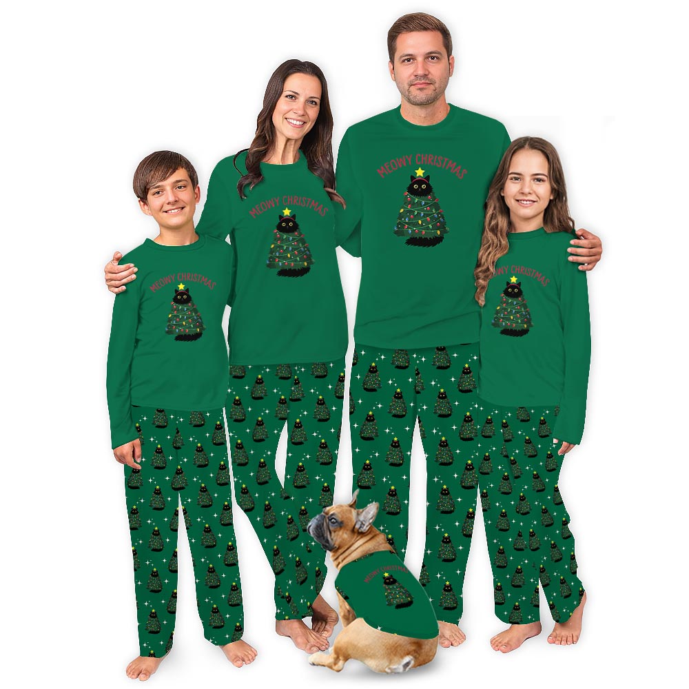 Funny Meowy Black Cat Tree Matching Pajamas For Pets And Humans