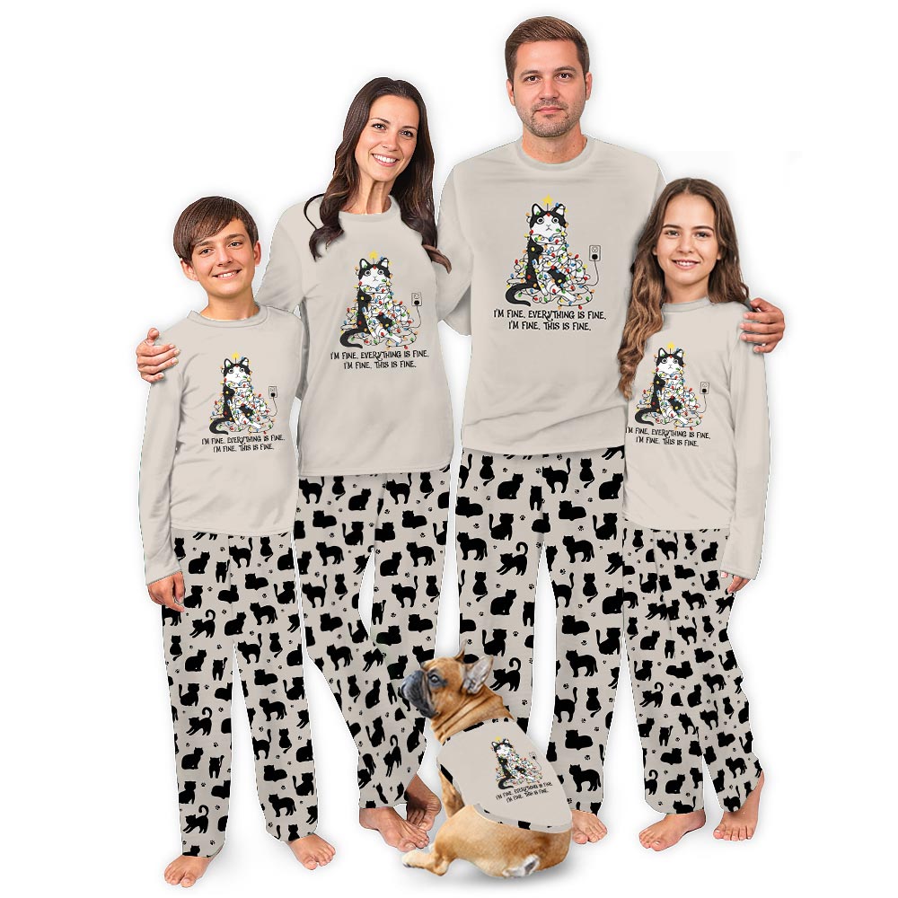 Cats with Everything is Fine Quote Matching Family Christmas Pajamas