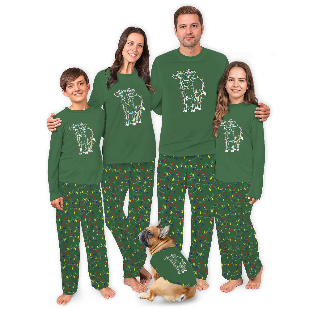 Festive Cow with Xmas Lights Family Matching Christmas PJs
