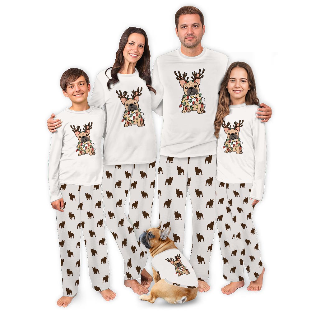 Cute French Bulldog with Reindeer Matching Christmas Pajamas Cute French Bulldog with Reindeer Matching Christmas Pajamas