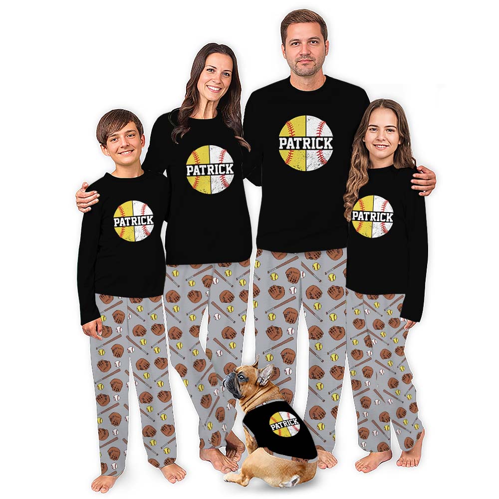 Customizable Name Sport Christmas Pajamas With Softball And Baseball Mix