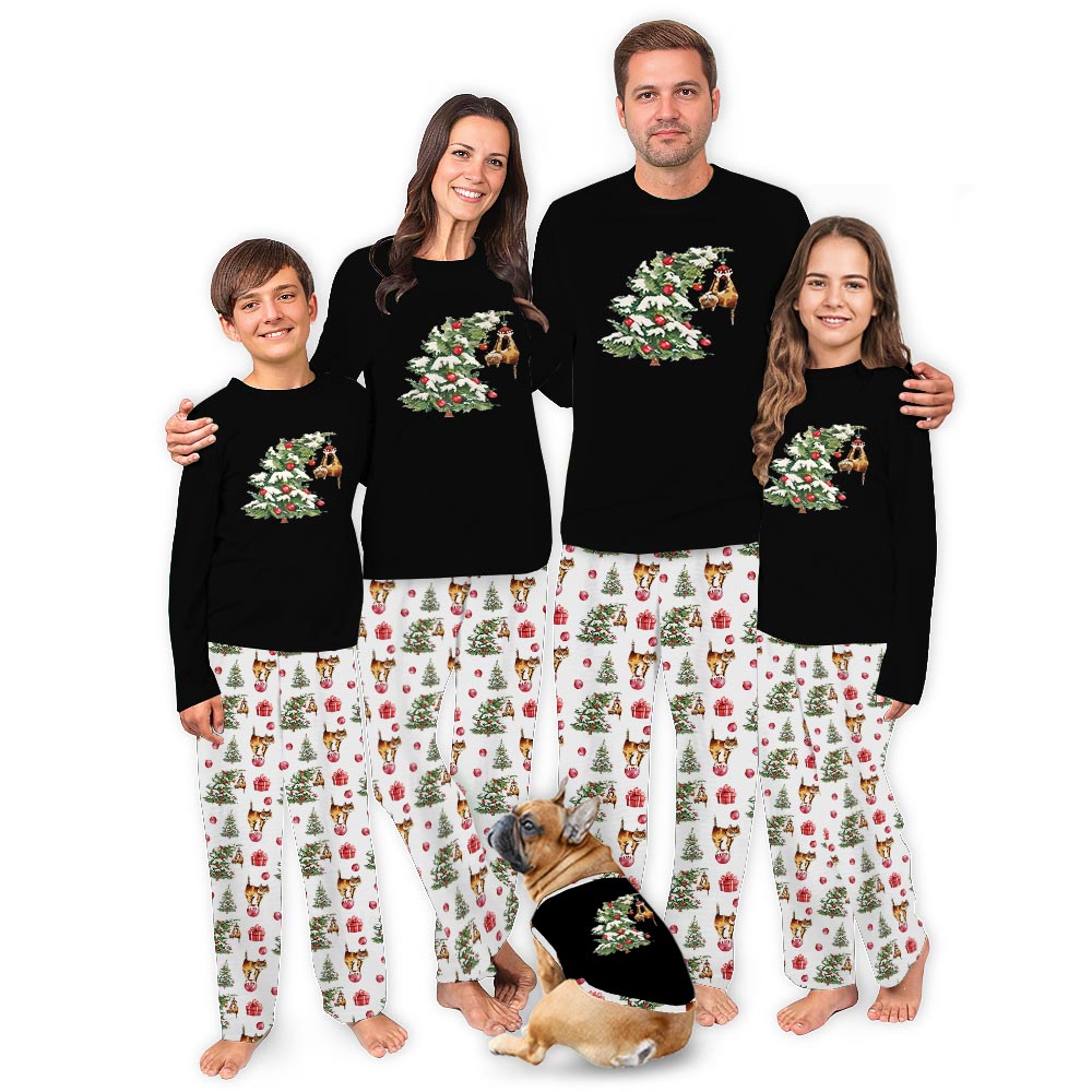 Cute Cat and the Xmas Tree Whole Family Matching Christmas Pajamas