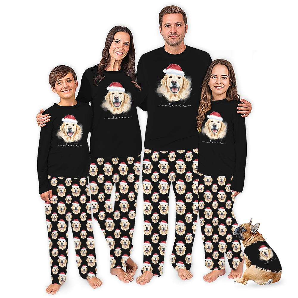 Golden Retriever and Santa Hat Name Custom Family Christmas Pajamas Golden Retriever and Santa Hat Name Custom Family Christmas Pajamas