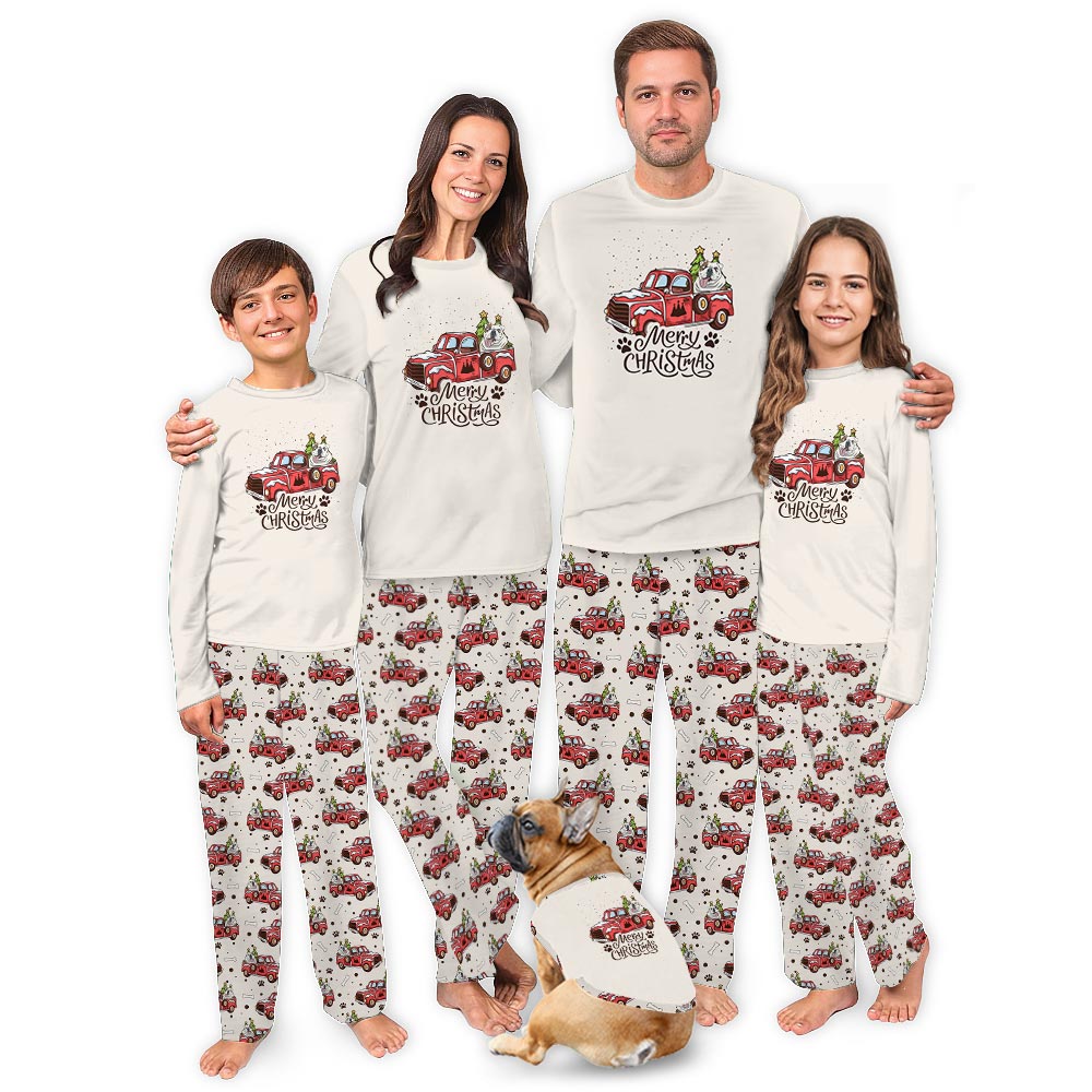 Cream English Bulldog on the Truck Cute Matching Christmas PJs Cream English Bulldog on the Truck Cute Matching Christmas PJs
