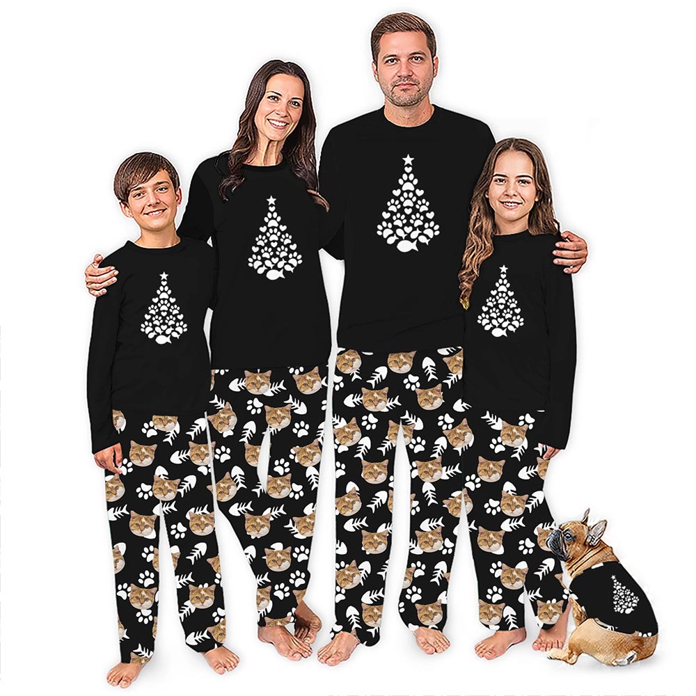 Xmas Tree Paw and Fish Christmas Pajamas with Cat Face Custom